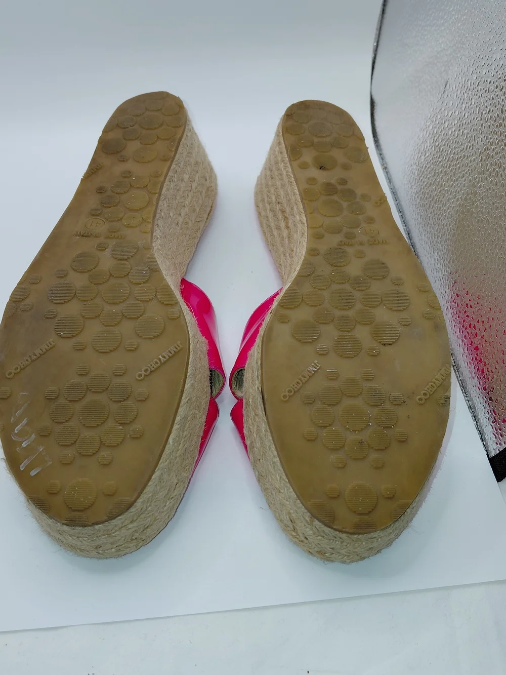 Jimmy Choo Pink Paisley/ Prima Patent Leather Espadrille Wedge Slide Sandals 41